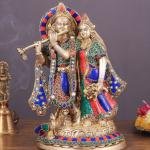 Brass Superfine Radha Krishna Together Idol 12.5" | Exquisite Stonework | 6 kg High-Quality Craftsmanship | Captivating Centerpiece | Divine Love Sculpture